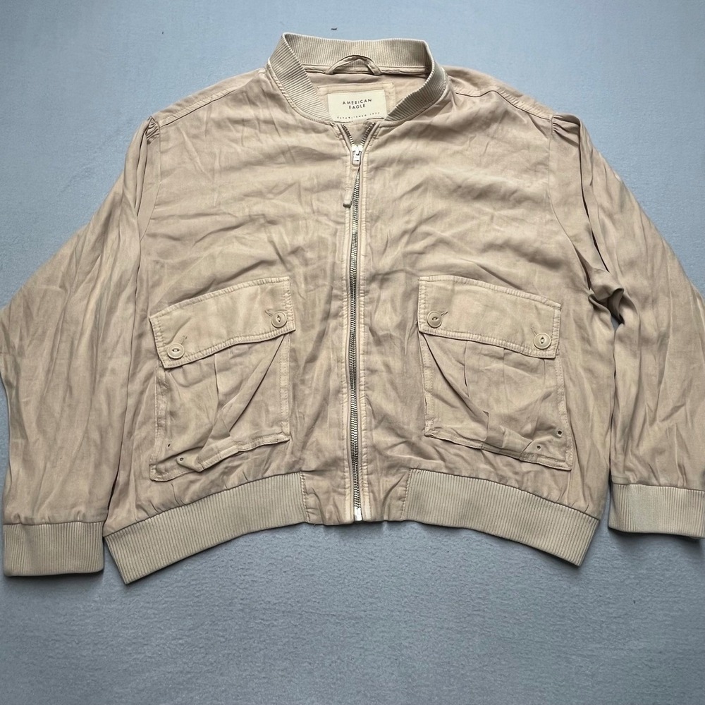 American Eagle Outfitters Beige Bomber Jacket Utility Pockets Full Zip Women XXL